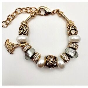 Bella Perlina Gold Tone Charm Bracelet Crown Ship Rhinestone Pearl Beads